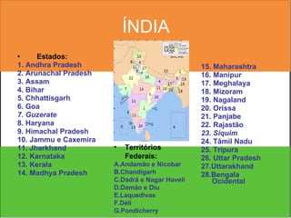 ÍNDIA Estados: 1. Andhra Pradesh  2. Arunachal Pradesh 3. Assam 4. Bihar  5. Chhattisgarh  6. Goa 7. Guzerate   8. Haryana  9. Himachal Pradesh  10. Jammu e Caxemira  11. Jharkhand  12. Karnataka  13. Kerala  14. Madhya Pradesh 15. Maharashtra  16. Manipur  17. Meghalaya  18. Mizoram  19. Nagaland 20. Orissa  21. Panjabe  22. Rajastão  23. Siquim   24. Tâmil Nadu  25. Tripura 26. Uttar Pradesh  27.Uttarakhand  28.Bengala Ocidental   Territórios Federais: A.Andamão e Nicobar  B.Chandigarh C.Dadrá e Nagar Haveli D.Damão e Diu  E.Laquedivas  F.Déli G.Pondicherry  