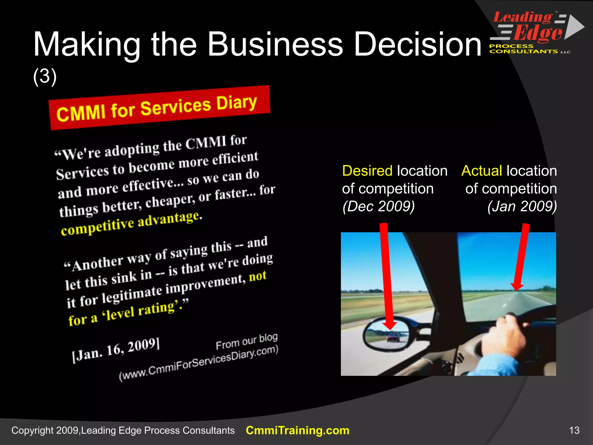 Making the Business Decision (3)CMMI for Services Diary “We're adopting the CMMI for Services to become more efficient and more effective... so we can do things better, cheaper, or faster... for competitive advantage.“Another way of saying this -- and let this sink in -- is that we're doing it for legitimate improvement, not for a ‘level rating’.”[Jan. 16, 2009]Actual location of competition(Jan 2009)Desired location of competition(Dec 2009)From our blog(www.CmmiForServicesDiary.com)