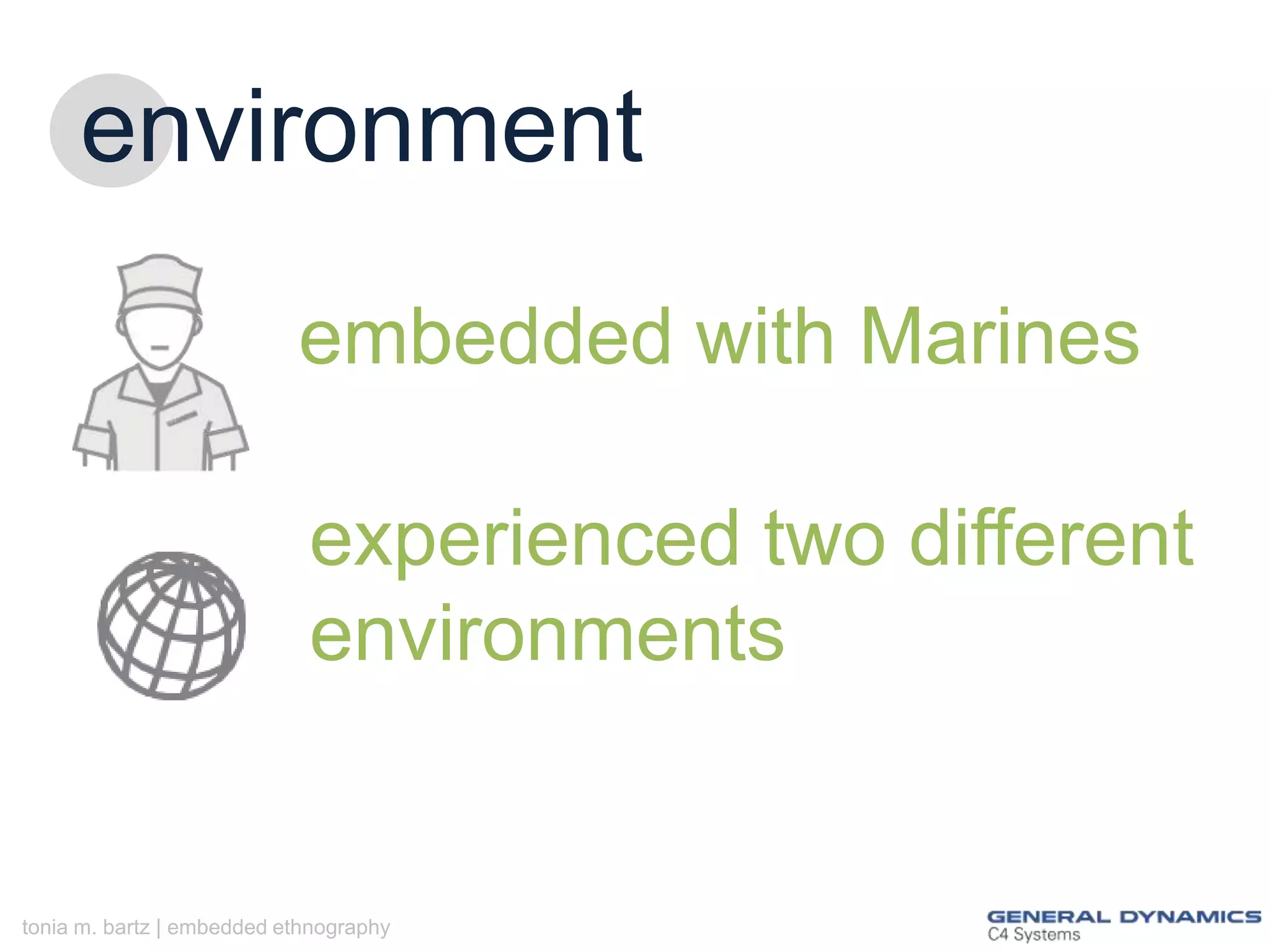 environment
embedded with Marines
experienced two different
environments

tonia m. bartz | embedded ethnography

 