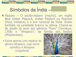 Símbolos da Índia – A e Mª Pássaro – O pavão-indiano (macho), em inglês Blue Indian Peacock, Indian Peafowl ou Peacock (Pavo cristatus) é a ave nacional da Índia. Existe também na variedade branca ou albina. Chama-se de pavão às aves dos gêneros “Pavo” (Linnaeus, 1758) e “Afropavo”, da família dos faisões (Phasianidae).  Existe apenas uma espécie do gênero Afropavo, cujo nome científico é Afropavo congolensis 