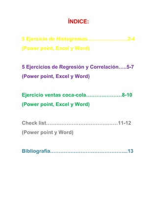 ÍNDICE:


5 Ejercicio de Histogramas…………………...2-4
(Power point, Excel y Word)


5 Ejercicios de Regresión y Correlación…..5-7
(Power point, Excel y Word)


Ejercicio ventas coca-cola…………………8-10
(Power point, Excel y Word)


Check list……………………………………11-12
(Power point y Word)


Bibliografía………….…………………………...13
 