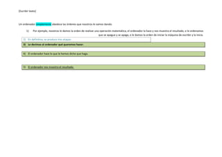 [Escribir texto]
Un ordenador simplemente obedece las órdenes que nosotros le vamos dando.
1) Por ejemplo, nosotros le damos la orden de realizar una operación matemática, el ordenador la hace y nos muestra el resultado, o le ordenamos
que se apague y se apaga, o le damos la orden de iniciar la máquina de escribir y la inicia.
2) En definitiva, se produce tres etapas:
3) Le decimos al ordenador qué queremos hacer.
4) El ordenador hace lo que le hemos dicho que haga.
5) El ordenador nos muestra el resultado.
 