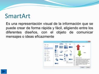 SmartArt
Es una representación visual de la información que se
puede crear de forma rápida y fácil, eligiendo entre los
diferentes diseños, con el objeto de comunicar
mensajes o ideas eficazmente