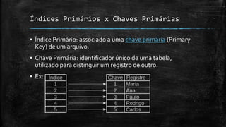 Índices Primários x Chaves Primárias
▪ Índice Primário: associado a uma chave primária (Primary
Key) de um arquivo.
▪ Chave Primária: identificador único de uma tabela,
utilizado para distinguir um registro de outro.
▪ Ex:
 