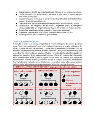  Electromiograma (EMG), que mide la actividad eléctrica de las células musculares.
 Estudio de conducción de los nervios, que mide la velocidad a la que los nervios
transmiten los impulsos.
 Electrocardiograma (ECG), que da una presentación gráfica de la actividad eléctrica
o patrón de pulsaciones del corazón.
 Ecocardiograma, que registra la posición y movimiento del músculo del corazón.
 Exploraciones de imágenes de resonancia magnética (MRI) o tomografía
computarizada (CT), que proporciona una imagen del cerebro y la médula espinal.
 Derivación o punción espinal para evaluar el líquido cerebroespinal.
 Pruebas de sangre y orina para evaluar los niveles elevados de glucosa.
 Pruebas genéticas para identificar el gen afectado.
¿Qué es lo que causa la ataxia?
A menudo, la ataxia es causada por la pérdida de función en la parte del cerebro que sirve
como "centro de coordinación", que es el cerebelo. El cerebelo se localiza en la parte de
atrás y la parte más baja de la cabeza. La parte central del cerebelo está involucrada en
coordinar los complejos movimientos de andar o caminar. Otras partes del cerebelo ayudan
a coordinar los movimientos de los ojos, el hablar y el tragar. La ataxia también puede ser
causada por trastorno de las vías principales dentro y fuera del cerebelo. La información
entra en el cerebelo desde el cordón espinal y otras partes del cerebro, y los signos del
cerebelo salen al cordón espinal y al cerebro. Aunque el cerebelo no controla directamente
la energía (función motora) o sensación (función sensorial), el motor y las vías sensoriales
deben trabajar adecuadamente para proporcionar la entrada correcta al cerebro.
 