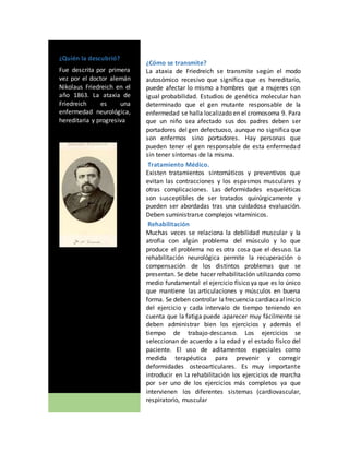 ¿Cómo se transmite?
La ataxia de Friedreich se transmite según el modo
autosómico recesivo que significa que es hereditario,
puede afectar lo mismo a hombres que a mujeres con
igual probabilidad. Estudios de genética molecular han
determinado que el gen mutante responsable de la
enfermedad se halla localizado en el cromosoma 9. Para
que un niño sea afectado sus dos padres deben ser
portadores del gen defectuoso, aunque no significa que
son enfermos sino portadores. Hay personas que
pueden tener el gen responsable de esta enfermedad
sin tener síntomas de la misma.
Tratamiento Médico.
Existen tratamientos sintomáticos y preventivos que
evitan las contracciones y los espasmos musculares y
otras complicaciones. Las deformidades esqueléticas
son susceptibles de ser tratados quirúrgicamente y
pueden ser abordadas tras una cuidadosa evaluación.
Deben suministrarse complejos vitamínicos.
Rehabilitación
Muchas veces se relaciona la debilidad muscular y la
atrofia con algún problema del músculo y lo que
produce el problema no es otra cosa que el desuso. La
rehabilitación neurológica permite la recuperación o
compensación de los distintos problemas que se
presentan. Se debe hacer rehabilitación utilizando como
medio fundamental el ejercicio físico ya que es lo único
que mantiene las articulaciones y músculos en buena
forma. Se deben controlar lafrecuencia cardiacaalinicio
del ejercicio y cada intervalo de tiempo teniendo en
cuenta que la fatiga puede aparecer muy fácilmente se
deben administrar bien los ejercicios y además el
tiempo de trabajo-descanso. Los ejercicios se
seleccionan de acuerdo a la edad y el estado físico del
paciente. El uso de aditamentos especiales como
medida terapéutica para prevenir y corregir
deformidades osteoarticulares. Es muy importante
introducir en la rehabilitación los ejercicios de marcha
por ser uno de los ejercicios más completos ya que
intervienen los diferentes sistemas (cardiovascular,
respiratorio, muscular
¿Quién la descubrió?
Fue descrita por primera
vez por el doctor alemán
Nikolaus Friedreich en el
año 1863. La ataxia de
Friedreich es una
enfermedad neurológica,
hereditaria y progresiva
 