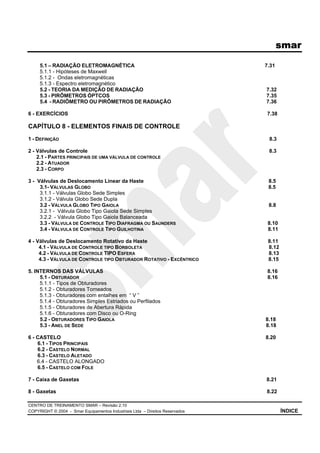 smar
CENTRO DE TREINAMENTO SMAR – Revisão 2.10
COPYRIGHT © 2004 - Smar Equipamentos Industriais Ltda – Direitos Reservados ÍNDICE
5.1 – RADIAÇÃO ELETROMAGNÉTICA 7.31
5.1.1 - Hipóteses de Maxwell
5.1.2 - Ondas eletromagnéticas
5.1.3 - Espectro eletromagnético
5.2 - TEORIA DA MEDIÇÃO DE RADIAÇÃO 7.32
5.3 - PIRÔMETROS ÓPTCOS 7.35
5.4 - RADIÔMETRO OU PIRÔMETROS DE RADIAÇÃO 7.36
6 - EXERCÍCIOS 7.38
CAPÍTULO 8 - ELEMENTOS FINAIS DE CONTROLE
1 - DEFINIÇÃO 8.3
2 - Válvulas de Controle 8.3
2.1 - PARTES PRINCIPAIS DE UMA VÁLVULA DE CONTROLE
2.2 - ATUADOR
2.3 - CORPO
3 - Válvulas de Deslocamento Linear da Haste 8.5
3.1- VÁLVULAS GLOBO 8.5
3.1.1 - Válvulas Globo Sede Simples
3.1.2 - Válvula Globo Sede Dupla
3.2 - VÁLVULA GLOBO TIPO GAIOLA 8.8
3.2.1 - Válvula Globo Tipo Gaiola Sede Simples
3.2.2 - Válvula Globo Tipo Gaiola Balanceada
3.3 - VÁLVULA DE CONTROLE TIPO DIAFRAGMA OU SAUNDERS 8.10
3.4 - VÁLVULA DE CONTROLE TIPO GUILHOTINA 8.11
4 - Válvulas de Deslocamento Rotativo da Haste 8.11
4.1 - VÁLVULA DE CONTROLE TIPO BORBOLETA 8.12
4.2 - VÁLVULA DE CONTROLE TIPO ESFERA 8.13
4.3 - VÁLVULA DE CONTROLE TIPO OBTURADOR ROTATIVO - EXCÊNTRICO 8.15
5. INTERNOS DAS VÁLVULAS 8.16
5.1 - OBTURADOR 8.16
5.1.1 - Tipos de Obturadores
5.1.2 - Obturadores Torneados
5.1.3 - Obturadores com entalhes em “ V ”
5.1.4 - Obturadores Simples Estriados ou Perfilados
5.1.5 - Obturadores de Abertura Rápida
5.1.6 - Obturadores com Disco ou O-Ring
5.2 - OBTURADORES TIPO GAIOLA 8.18
5.3 - ANEL DE SEDE 8.18
6 - CASTELO 8.20
6.1 - TIPOS PRINCIPAIS
6.2 - CASTELO NORMAL
6.3 - CASTELO ALETADO
6.4 - CASTELO ALONGADO
6.5 - CASTELO COM FOLE
7 - Caixa de Gaxetas 8.21
8 - Gaxetas 8.22
 