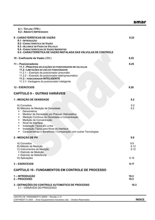 smar
CENTRO DE TREINAMENTO SMAR – Revisão 2.10
COPYRIGHT © 2004 - Smar Equipamentos Industriais Ltda – Direitos Reservados ÍNDICE
8.1 - TEFLON ( TFE )
8.2 - AMIANTO IMPREGNADO
9 - CARACTERÍSTICAS DE VAZÃO 8.23
9.1 - INTRODUÇÃO
9.2 - CARACTERÍSTICA DE VAZÃO
9.3 - ALCANCE DE FAIXA DA VÁLVULA
9.4 - CARACTERÍSTICAS DE VAZÃO INERENTES
9.5 - CARACTERÍSTICA DE VAZÃO INSTALADA DAS VÁLVULAS DE CONTROLE
10 - Coeficiente de Vazão ( CV ) 8.25
11 – Posicionadores 8.25
11.1 - PRINCIPAIS APLICAÇÕES DO POSICIONADOR EM VÁLVULAS
11.2 - LIMITAÇÕES DO USO DO POSICIONADOR
11.2.1 – Exemplo de posicionador pneumátic
11.2.2 – Exemplo de posicionador eletropneumático
11.3 - POSICIONADOR INTELIGENTE
11.3.1- Vantagens do posicionador inteligente
12 - EXERCÍCIOS 8.28
CAPÍTULO 9 - OUTRAS VARIÁVEIS
1 - MEDIÇÃO DE DENSIDADE 9.2
A) Conceitos 9.2
B) Métodos de Medição de Densidade 9.2
Densímetros
Medidor de Densidade por Pressão Hidrostática
Medição Contínua de Densidade e Concentração
Medição de Concentração
Nível de Interface
Instalação Típica em Linha
Instalação Típica para Nível de Interface
Características e Benefícios / Comparação com outras Tecnologias
2 - MEDIÇÃO DE PH 9.9
A) Conceitos 9.9
B) Método de Medição 9.12
C) Instrumentos de Medição 9.12
Eletrodo de Medição
Eletrodo de Referência
D) Aplicações 9.16
3 – EXERCÍCIOS 9.17
CAPÍTULO 10 - FUNDAMENTOS EM CONTROLE DE PROCESSO
1 – INTRODUÇÃO 10.3
2 – PROCESSO 10.3
3 - DEFINIÇÕES DO CONTROLE AUTOMÁTICO DE PROCESSO 10.3
3.1 - VARIÁVEIS DO PROCESSO
 