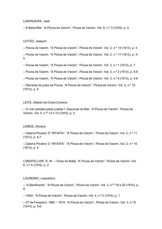 LARANJEIRA, José
– Á Beira-Mar. “A Póvoa de Varzim”, Póvoa de Varzim. Vol. 6, n.º 3 (1916), p. 4
LEITÃO, Joaquim
– Povoa de Varzim. “A Póvoa de Varzim”, Póvoa de Varzim. Vol. 2, n.º 14 (1913), p. 6
– Povoa de Varzim. “A Póvoa de Varzim”, Póvoa de Varzim. Vol. 2, n.º 17 (1913), p. 4-
5
– Povoa de Varzim. “A Póvoa de Varzim”, Póvoa de Varzim. Vol. 3, n.º 1 (1913), p. 7
– Povoa de Varzim. “A Póvoa de Varzim”, Póvoa de Varzim. Vol. 3, n.º 2 (1913), p. 6-8
– Povoa de Varzim. “A Póvoa de Varzim”, Póvoa de Varzim. Vol. 3, n.º 4 (1913), p. 4-6
– Recreios da praia da Povoa. “A Póvoa de Varzim”, Póvoa de Varzim. Vol. 2, n.º 16
(1913), p. 6
LEITE, Alberto da Costa Correira
– O mar cantado pelos poetas I: Espumas do Mar. “A Póvoa de Varzim”, Póvoa de
Varzim. Vol. 5, n.ºs
12 e 13 (1916), p. 2
LÉMOS, Oliveira
– Galeria Póveira: O “INTAITA”. “A Póvoa de Varzim”, Póvoa de Varzim. Vol. 2, n.º 11
(1913), p. 6-7
– Galeria Póveira: O “INTAITA”. “A Póvoa de Varzim”, Póvoa de Varzim. Vol. 2, n.º 10
(1913), p. 6
LONGFELLOW, K. W. – Sinos do Natal. “A Póvoa de Varzim”, Póvoa de Varzim. Vol.
6, n.º 4 (1916), p. 2
LOUREIRO, Leopoldino
– “A Benificente”. “A Póvoa de Varzim”, Póvoa de Varzim. Vol. 3, n.ºs
19 e 20 (1914), p.
8
– 1640!. “A Póvoa de Varzim”, Póvoa de Varzim. Vol. 4, n.º 3 (1914), p. 1
– 27 de Fevereiro: 1892 – 1914. “A Póvoa de Varzim”, Póvoa de Varzim. Vol. 3, n.º 8
(1914), p. 5-6
 