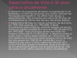 Expectativa de Vida á 30 anos atrás e atualmenteO aumento da proporção de idosos na população é um fenômeno mundial tão profundo que muitos chamam de "revolução demográfica". No último meio século, a expectativa de vida aumentou em cerca de 20 anos. Se considerarmos os últimos dois séculos, ela quase dobrou.A expectativa de vida ao nascer aumentou de 46,5 anos, em 1950-1955, para 65, em 1995-2000. O Brasil acompanhou essa evolução, estando sempre um pouco acima da média mundial: 50,9 anos em 1950-55 para 67,2 em 1995-2000 - mas um pouco abaixo da média da América Latina (de 51,4 a 59,3 anos). A diferença entre os países mais e menos desenvolvidos vem diminuindo: de uma distância de 25,2 anos entre as expectativas de vida dos dois grupos em 1950-55 (41 contra 66,2 anos), a diferença caiu para 12 anos, menos da metade (62,9 contra 74,9).Essa queda é inevitável, dada a tendência de envelhecimento global, pois as expectativas de vida dos países muito velhos crescem menos naturalmente.