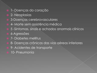 1- Doenças do coração                                           2- Neoplasias                                                             3-Doenças cerebrovasculares                                 4- Morte sem assistência médica                           5 -Sintomas, sinais e achados anormais clínicos   6-Agressões                                                                  7- Diabetes mellitus                                                    8- Doenças crônicas das vias aéreas inferiores      9- Acidentes de transporte                                       10- Pneumonia                                                           