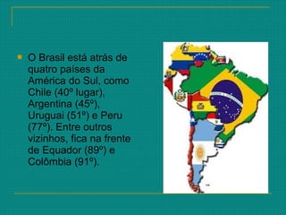  O Brasil está atrás de
quatro países da
América do Sul, como
Chile (40º lugar),
Argentina (45º),
Uruguai (51º) e Peru
(77º). Entre outros
vizinhos, fica na frente
de Equador (89º) e
Colômbia (91º).
 