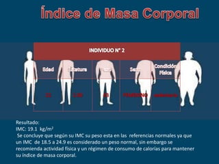 Resultado:
IMC: 19.1 kg/m2
Se concluye que según su IMC su peso esta en las referencias normales ya que
un IMC de 18.5 a 24.9 es considerado un peso normal, sin embargo se
recomienda actividad física y un régimen de consumo de calorías para mantener
su índice de masa corporal.
 