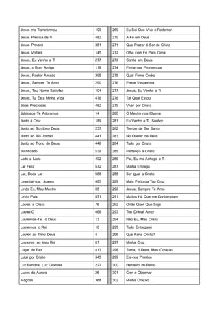 Jesus me Transformou 109 269 Eu Sei Que Vive o Redentor
Jesus Precisa de Ti 482 270 A Fé em Deus
Jesus Proverá 381 271 Que Prazer é Ser de Cristo
Jesus Voltará 145 272 Olha com Fé Para Cima
Jesus, Eu Venho a Ti 277 273 Confia em Deus
Jesus, o Bom Amigo 118 274 Firme nas Promessas
Jesus, Pastor Amado 395 275 Qual Firme Cedro
Jesus, Sempre Te Amo 290 276 Prece Vespertina
Jesus, Teu Nome Satisfaz 104 277 Jesus, Eu Venho a Ti
Jesus, Tu És a Minha Vida 478 278 Tal Qual Estou
Jóias Preciosas 462 279 Viver por Cristo
Jubilosos Te Adoramos 14 280 O Mestre nos Chama
Junto à Cruz 189 281 Eu Venho a Ti, Senhor
Junto ao Bondoso Deus 237 282 Tempo de Ser Santo
Junto ao Rio Jordão 441 283 No Querer de Deus
Junto ao Trono de Deus 446 284 Tudo por Cristo
Justificado 539 285 Pertenço a Cristo
Lado a Lado 492 286 Pai, Eu me Achego a Ti
Lar Feliz 572 287 Minha Entrega
Lar, Doce Lar 568 288 Ser Igual a Cristo
Levantai-vos, Jovens 485 289 Mais Perto da Tua Cruz
Lindo És, Meu Mestre 85 290 Jesus, Sempre Te Amo
Lindo País 571 291 Muitos Há Que me Contemplam
Louvai a Cristo 76 292 Onde Quer Que Seja
Louvai-O 466 293 Teu Divinal Amor
Louvamos-Te, ó Deus 13 294 Não Eu, Mas Cristo
Louvemos o Rei 10 295 Tudo Entregarei
Louvor ao Trino Deus 4 296 Que Faria Cristo?
Louvores ao Meu Rei 81 297 Minha Cruz
Lugar de Paz 413 298 Toma, ó Deus, Meu Coração
Lutai por Cristo 345 299 Eis-nos Prontos
Luz Bendita, Luz Gloriosa 227 300 Herdeiro do Reino
Luzes da Aurora 26 301 Crer e Observar
Mágoas 368 302 Minha Oração
 