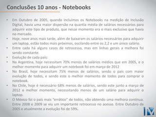 Conclusões 10 anos - Notebooks 
• Em Outubro de 2005, quando incluímos os Notebooks na medição de Inclusão 
Digital, havia uma maior dispersão na quantia média de salários necessários para 
adquirir este tipo de produto, que nesse momento era o mais exclusivo que havia 
no mercado. 
• Hoje, nove anos mais tarde, além de baixaram os salários necessários para adquirir 
um laptop, estão todos mais próximos, oscilando entre os 2,2 e um único salário. 
• Entre cada há alguns casos de retrocesso, mas em linhas gerais a melhora foi 
sendo constante. 
• Evolução de cada país: 
• Na Argentina, hoje necessitam 70% menos de salários médios que em 2005, e o 
melhor momento para adquirir um notebook foi em março de 2012 
• No Brasil, hoje necessitam 75% menos de salários, sendo o país com maior 
evolução de todos, e sendo este o melhor momento de todos para comprar o 
notebook. 
• No Chile, hoje é necessário 68% menos de salários, sendo este junto a março de 
2012 o melhor momento, necessitando menos de um salário para adquirir o 
laptop. 
• O México foi o país mais “errático” de todos, não obtendo uma melhora contínua. 
Entre 2008 e 2009 se viu um importante retrocesso no acesso. Entre Outubro de 
2005 e atualmente a evolução foi de 59%. 
 