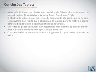 Conclusões Tablets 
• Nesta edição foram escolhidos dois modelos de Tablets dos mais caros do 
mercado, o Ipad Air de 64 gb e a Samsung Galaxy Note Pro de 32 gb. 
• O objetivo do Índice sempre foi e é medir produtos de alta gama, que neste caso 
se renovaram mais rápido que a atualização de salários, por este motivo, o acesso 
para este tipo de tablets é hoje mais difícil que há 6 meses. 
• Em todos os países analisados são necessários mais quantia de salários médios 
para acessar um Tablet de última geração que em março. 
• Como em todos os setores analisados a Argentina é o país menos acessível de 
todos. 
 