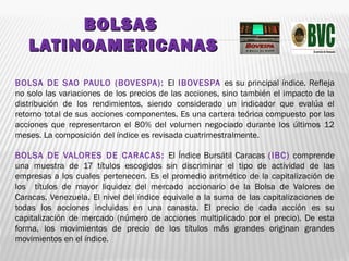 BOLSASBOLSAS
LATINOAMERICANASLATINOAMERICANAS
BOLSA DE SAO PAULO (BOVESPA): El IBOVESPA es su principal índice. Refleja
no solo las variaciones de los precios de las acciones, sino también el impacto de la
distribución de los rendimientos, siendo considerado un indicador que evalúa el
retorno total de sus acciones componentes. Es una cartera teórica compuesto por las
acciones que representaron el 80% del volumen negociado durante los últimos 12
meses. La composición del índice es revisada cuatrimestralmente.
BOLSA DE VALORES DE CARACAS: El Índice Bursátil Caracas (IBC) comprende
una muestra de 17 títulos escogidos sin discriminar el tipo de actividad de las
empresas a los cuales pertenecen. Es el promedio aritmético de la capitalización de
los títulos de mayor liquidez del mercado accionario de la Bolsa de Valores de
Caracas, Venezuela. El nivel del índice equivale a la suma de las capitalizaciones de
todas los acciones incluidas en una canasta. El precio de cada acción es su
capitalización de mercado (número de acciones multiplicado por el precio). De esta
forma, los movimientos de precio de los títulos más grandes originan grandes
movimientos en el índice.
 