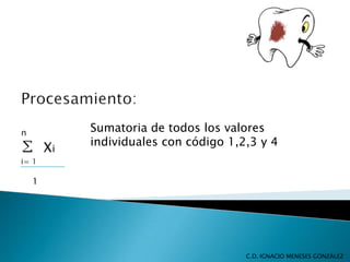 1
Sumatoria de todos los valores
individuales con código 1,2,3 y 4
C.D. IGNACIO MENESES GONZÁLEZ
 
