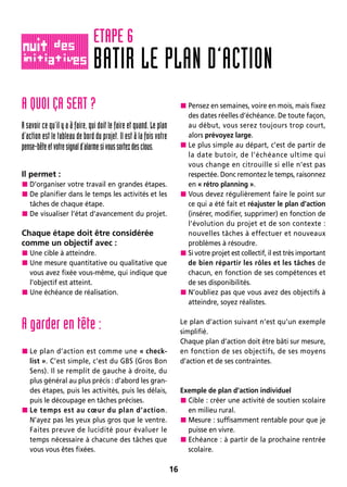 ETAPE 6
16
BATIR LE PLAN D’ACTION
A QUOI ÇA SERT ?
A savoir ce qu’il y a à faire, qui doit le faire et quand. Le plan
d’action est le tableau de bord du projet. Il est à la fois votre
pense-bêteetvotresignald’alarmesivoussortezdesclous.
Il permet :
 D’organiser votre travail en grandes étapes.
 De planifier dans le temps les activités et les
tâches de chaque étape.
 De visualiser l’état d’avancement du projet.
Chaque étape doit être considérée
comme un objectif avec :
 Une cible à atteindre.
 Une mesure quantitative ou qualitative que
vous avez fixée vous-même, qui indique que
l’objectif est atteint.
 Une échéance de réalisation.
A garder en tête :
 Le plan d’action est comme une « check-
list ». C’est simple, c’est du GBS (Gros Bon
Sens). Il se remplit de gauche à droite, du
plus général au plus précis : d’abord les gran-
des étapes, puis les activités, puis les délais,
puis le découpage en tâches précises.
 Le temps est au cœur du plan d’action.
N’ayez pas les yeux plus gros que le ventre.
Faites preuve de lucidité pour évaluer le
temps nécessaire à chacune des tâches que
vous vous êtes fixées.
 Pensez en semaines, voire en mois, mais fixez
des dates réelles d’échéance. De toute façon,
au début, vous serez toujours trop court,
alors prévoyez large.
 Le plus simple au départ, c’est de partir de
la date butoir, de l’échéance ultime qui
vous change en citrouille si elle n’est pas
respectée. Donc remontez le temps, raisonnez
en « rétro planning ».
 Vous devez régulièrement faire le point sur
ce qui a été fait et réajuster le plan d’action
(insérer, modifier, supprimer) en fonction de
l’évolution du projet et de son contexte :
nouvelles tâches à effectuer et nouveaux
problèmes à résoudre.
Si votre projet est collectif, il est très important
de bien répartir les rôles et les tâches de
chacun, en fonction de ses compétences et
de ses disponibilités.
 N’oubliez pas que vous avez des objectifs à
atteindre, soyez réalistes.
Le plan d’action suivant n’est qu’un exemple
simplifié.
Chaque plan d’action doit être bâti sur mesure,
en fonction de ses objectifs, de ses moyens
d’action et de ses contraintes.
Exemple de plan d’action individuel
 Cible : créer une activité de soutien scolaire
en milieu rural.
 Mesure : suffisamment rentable pour que je
puisse en vivre.
 Echéance : à partir de la prochaine rentrée
scolaire.
 