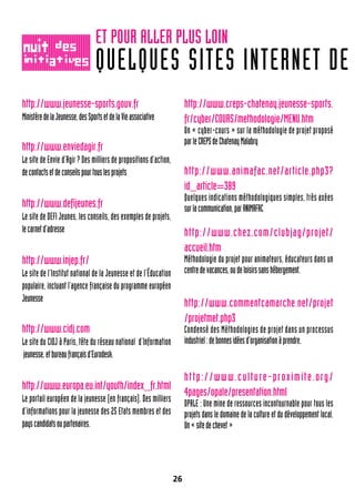 26
http://www.jeunesse-sports.gouv.fr
MinistèredelaJeunesse,desSportsetdelaVieassociative
http://www.enviedagir.fr
Le site de Envie d’Agir ? Des milliers de propositions d’action,
decontactsetdeconseilspourtouslesprojets
http://www.defijeunes.fr
Le site de DEFI Jeunes, les conseils, des exemples de projets,
lecarnetd’adresse
http://www.injep.fr/
Le site de l’Institut national de la Jeunesse et de l’Éducation
populaire, incluant l’agence française du programme européen
Jeunesse
http://www.cidj.com
Le site du CIDJ à Paris, tête du réseau national d’Information
jeunesse,etbureaufrançaisd’Eurodesk.
http://www.europa.eu.int/youth/index_fr.html
Le portail européen de la jeunesse (en français). Des milliers
d’informations pour la jeunesse des 25 Etats membres et des
payscandidatsoupartenaires.
http://www.creps-chatenay.jeunesse-sports.
fr/cyber/COURS/methodologie/MENU.htm
Un « cyber-cours » sur la méthodologie de projet proposé
parleCREPSdeChatenayMalabry
http://www.animafac.net/article.php3?
id_article=389
Quelques indications méthodologiques simples, très axées
surlacommunication,parANIMAFAC
http://www.chez.com/clubjag/projet/
accueil.htm
Méthodologie du projet pour animateurs, éducateurs dans un
centredevacances,oudeloisirssanshébergement.
http://www.commentcamarche.net/projet
/projetmet.php3
Condensé des Méthodologies de projet dans un processus
industriel:debonnesidéesd’organisationàprendre.
http://www.culture-proximite.org/
4pages/opale/presentation.html
OPALE : Une mine de ressources incontournable pour tous les
projets dans le domaine de la culture et du développement local.
Un«sitedechevet»
QUELQUES SITES INTERNET DE
ET POUR ALLER PLUS LOIN
 