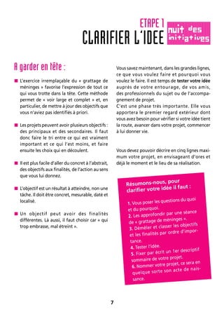 7
A garder en tête :
 L’exercice irremplaçable du « grattage de
méninges » favorise l’expression de tout ce
qui vous trotte dans la tête. Cette méthode
permet de « voir large et complet » et, en
particulier, de mettre à jour des objectifs que
vous n’aviez pas identifiés à priori.
 Les projets peuvent avoir plusieurs objectifs :
des principaux et des secondaires. Il faut
donc faire le tri entre ce qui est vraiment
important et ce qui l’est moins, et faire
ensuite les choix qui en découlent.
 Il est plus facile d’aller du concret à l’abstrait,
des objectifs aux finalités, de l’action au sens
que vous lui donnez.
 L’objectif est un résultat à atteindre, non une
tâche. Il doit être concret, mesurable, daté et
localisé.
 Un objectif peut avoir des finalités
différentes. Là aussi, il faut choisir car « qui
trop embrasse, mal étreint ».
Vous savez maintenant, dans les grandes lignes,
ce que vous voulez faire et pourquoi vous
voulez le faire. Il est temps de tester votre idée
auprès de votre entourage, de vos amis,
des professionnels du sujet ou de l’accompa-
gnement de projet.
C’est une phase très importante. Elle vous
apportera le premier regard extérieur dont
vous avez besoin pour vérifier si votre idée tient
la route, avancer dans votre projet, commencer
à lui donner vie.
Vous devez pouvoir décrire en cinq lignes maxi-
mum votre projet, en envisageant d’ores et
déjà le moment et le lieu de sa réalisation.
CLARIFIER L’IDEE
ETAPE 1
Résumons-nous, pour
clarifier votre idée il faut :
1. Vous poser les questions du quoi
et du pourquoi.
2. Les approfondir par une séance
de « grattage de méninges ».
3. Démêler et classer les objectifs
et les finalités par ordre d’impor-
tance.
4. Tester l’idée.
5. Fixer par écrit un 1er descriptif
sommaire de votre projet.
6. Nommer votre projet, ce sera en
quelque sorte son acte de nais-
sance.
 