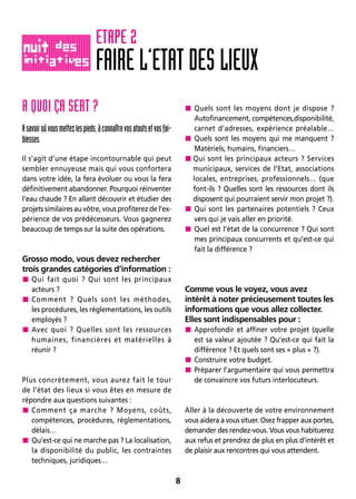 8
A QUOI ÇA SERT ?
Asavoiroùvousmettezlespieds,àconnaîtrevosatoutsetvosfai-
blesses.
Il s’agit d’une étape incontournable qui peut
sembler ennuyeuse mais qui vous confortera
dans votre idée, la fera évoluer ou vous la fera
définitivement abandonner. Pourquoi réinventer
l’eau chaude ? En allant découvrir et étudier des
projets similaires au vôtre, vous profiterez de l’ex-
périence de vos prédécesseurs. Vous gagnerez
beaucoup de temps sur la suite des opérations.
Grosso modo, vous devez rechercher
trois grandes catégories d’information :
 Qui fait quoi ? Qui sont les principaux
acteurs ?
 Comment ? Quels sont les méthodes,
les procédures, les réglementations, les outils
employés ?
 Avec quoi ? Quelles sont les ressources
humaines, financières et matérielles à
réunir ?
Plus concrètement, vous aurez fait le tour
de l’état des lieux si vous êtes en mesure de
répondre aux questions suivantes :
 Comment ça marche ? Moyens, coûts,
compétences, procédures, réglementations,
délais…
 Qu’est-ce qui ne marche pas ? La localisation,
la disponibilité du public, les contraintes
techniques, juridiques…
 Quels sont les moyens dont je dispose ?
Autofinancement, compétences,disponibilité,
carnet d’adresses, expérience préalable…
 Quels sont les moyens qui me manquent ?
Matériels, humains, financiers…
Qui sont les principaux acteurs ? Services
municipaux, services de l’Etat, associations
locales, entreprises, professionnels… (que
font-ils ? Quelles sont les ressources dont ils
disposent qui pourraient servir mon projet ?).
 Qui sont les partenaires potentiels ? Ceux
vers qui je vais aller en priorité.
 Quel est l’état de la concurrence ? Qui sont
mes principaux concurrents et qu’est-ce qui
fait la différence ?
Comme vous le voyez, vous avez
intérêt à noter précieusement toutes les
informations que vous allez collecter.
Elles sont indispensables pour :
 Approfondir et affiner votre projet (quelle
est sa valeur ajoutée ? Qu’est-ce qui fait la
différence ? Et quels sont ses « plus » ?).
 Construire votre budget.
 Préparer l’argumentaire qui vous permettra
de convaincre vos futurs interlocuteurs.
Aller à la découverte de votre environnement
vous aidera à vous situer. Osez frapper aux portes,
demander des rendez-vous. Vous vous habituerez
aux refus et prendrez de plus en plus d’intérêt et
de plaisir aux rencontres qui vous attendent.
FAIRE L’ETAT DES LIEUX
ETAPE 2
 