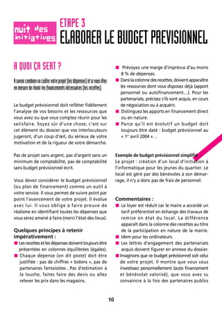 10
A QUOI ÇA SERT ?
Asavoircombienvacoûtervotreprojet(lesdépenses)etsivousêtes
enmesurederéunirlesfinancementsnécessaires(lesrecettes).
Le budget prévisionnel doit refléter fidèlement
l’analyse de vos besoins et les ressources que
vous avez ou que vous comptez réunir pour les
satisfaire. Soyez sûr d’une chose, c’est sur
cet élément du dossier que vos interlocuteurs
jugeront, d’un coup d’œil, du sérieux de votre
motivation et de la rigueur de votre démarche.
Pas de projet sans argent, pas d’argent sans un
minimum de comptabilité, pas de comptabilité
sans budget prévisionnel écrit.
Vous devez considérer le budget prévisionnel
(ou plan de financement) comme un outil à
votre service. Il vous permet de suivre point par
point l’avancement de votre projet. Il évolue
avec lui. Il vous oblige à faire preuve de
réalisme en identifiant toutes les dépenses que
vous serez amené à faire (merci l’état des lieux).
Quelques principes à retenir
impérativement :
Les recettes et les dépenses doivent toujours être
présentées en colonnes équilibrées (égales).
 Chaque dépense (on dit poste) doit être
justifiée : pas de chiffres « bidons », pas de
partenaires fantaisistes…Pas d’estimation à
la louche, faites faire des devis ou allez
relever les prix dans les magasins.
 Prévoyez une marge d’imprévus d’au moins
8 % de dépenses.
 Dans la colonne des recettes, doivent apparaître
les ressources dont vous disposez déjà (apport
personnel ou autofinancement…). Pour les
partenariats, précisez s’ils sont acquis, en cours
de négociation ou à acquérir.
 Distinguez les apports en financement direct
ou en nature.
 Parce qu’il est évolutif un budget doit
toujours être daté : budget prévisionnel au
« 1er
avril 2004 »…
Exemple de budget prévisionnel simplifié :
Le projet : création d’un local d’initiation à
l’informatique pour les jeunes du quartier. Le
local est géré par des bénévoles à son démar-
rage, il n’y a donc pas de frais de personnel.
Commentaires :
 Le loyer est réduit car le maire a accordé un
tarif préférentiel en échange des travaux de
remise en état du local. La différence
apparaît dans la colonne des recettes au titre
de la participation en nature de la mairie.
 Idem pour les ordinateurs.
 Les lettres d’engagement des partenariats
acquis doivent figurer en annexe du dossier.
Imaginons que ce budget prévisionnel soit celui
de votre projet. Il montre que vous vous
investissez personnellement (auto financement
et bénévolat valorisé), que vous avez su
convaincre à la fois des partenaires publics
ELABORERLEBUDGETPREVISIONNEL
ETAPE 3
 