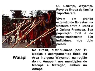 Ou Uaiampi, Wayampí.
                       Povo de língua da família
                       Tupi-Guarani.
                       Vivem      em      grande
                       extensão de florestas, na
                       fronteira entre o Brasil e
                       a Guiana Francesa. Sua
                       população total é de
                       aproximadamente       800
                       indivíduos, nos dois
                       países.
         No Brasil, distribuem-se por 11
         aldeias e acampamentos fixos, na
Waiãpi   Área Indígena Wayampí, na região
         do rio Amapari, nos municípios de
         Macapá e Mazagão, ambos no
         Amapá.
 