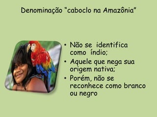 Denominação “caboclo na Amazônia”



            • Não se identifica
              como índio;
            • Aquele que nega sua
              origem nativa;
            • Porém, não se
              reconhece como branco
              ou negro
 