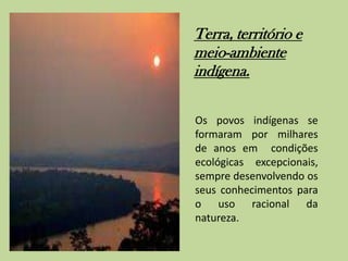 Terra, território e
meio-ambiente
indígena.

Os povos indígenas se
formaram por milhares
de anos em condições
ecológicas excepcionais,
sempre desenvolvendo os
seus conhecimentos para
o uso racional da
natureza.
 
