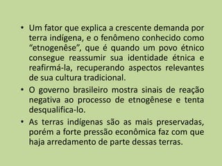 • Um fator que explica a crescente demanda por
  terra indígena, e o fenômeno conhecido como
  “etnogenêse”, que é quando um povo étnico
  consegue reassumir sua identidade étnica e
  reafirmá-la, recuperando aspectos relevantes
  de sua cultura tradicional.
• O governo brasileiro mostra sinais de reação
  negativa ao processo de etnogênese e tenta
  desqualifica-lo.
• As terras indígenas são as mais preservadas,
  porém a forte pressão econômica faz com que
  haja arredamento de parte dessas terras.
 