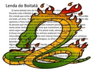 .Lenda do Boitatá
O nome boitatá vem da língua indígena e quer dizer cobra de fogo.
Durante o dia o Boitatá é cego, não enxerga nada, sua visão é perfeita à noite.
Diz a lenda que certa noite a lua não apareceu, nem as estrelas no céu, a escuridão
era total, um breu. Passado algum tempo, o dia não surgiu, pois, o sol também não
apareceu e ficou tudo na escuridão por vários dias.
As pessoas que moravam nos vilarejos estavam passando fome e frio. Não havia
como cortar lenha para os braseiros que mantinham as pessoas aquecidas, nem
como caçar naquela escuridão. Pra piorar tudo, começou a chover sem parar.
A chuva inundou tudo e muitos animais acabaram morrendo.
Uma cobra boiguaçu que dormia num imenso tronco acordou faminta e começou
a comer as únicas coisas que enxergava, os olhos de animais mortos que brilhavam
boiando nas águas.
Alguns dizem que eles brilhavam devido a luz do último dia em que os animais
viram o sol. De tanto olhos brilhantes que a cobra comeu, ela ficou toda brilhante
como fogo e transparente.
A cobra se transformou num monstro incandescente, o Boitatá. Dizem que o
Boitatá assusta as pessoas quando essas viajam na mata à noite. Mas muitos
acreditam que o Boitatá protege as matas contra incêndios. De qualquer forma se
você encontrar um Boitatá use óculos escuros ou feche os olhos e fique bem
parado quase sem respirar.
 
