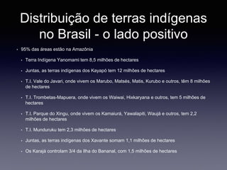 Distribuição de terras indígenas
no Brasil - o lado positivo
• 95% das áreas estão na Amazônia
• Terra Indígena Yanomami tem 8,5 milhões de hectares
• Juntas, as terras indígenas dos Kayapó tem 12 milhões de hectares
• T.I. Vale do Javari, onde vivem os Marubo, Matsés, Matis, Kurubo e outros, têm 8 milhões
de hectares
• T.I. Trombetas-Mapuera, onde vivem os Waiwai, Hixkaryana e outros, tem 5 milhões de
hectares
• T.I. Parque do Xingu, onde vivem os Kamaiurá, Yawalapiti, Waujá e outros, tem 2,2
milhões de hectares
• T.I. Munduruku tem 2,3 milhões de hectares
• Juntas, as terras indígenas dos Xavante somam 1,1 milhões de hectares
• Os Karajá controlam 3/4 da Ilha do Bananal, com 1,5 milhões de hectares
 