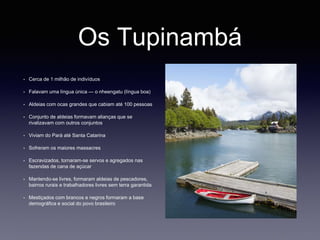 Os Tupinambá
• Cerca de 1 milhão de indivíduos
• Falavam uma língua única — o nheengatu (língua boa)
• Aldeias com ocas grandes que cabiam até 100 pessoas
• Conjunto de aldeias formavam alianças que se
rivalizavam com outros conjuntos
• Viviam do Pará até Santa Catarina
• Sofreram os maiores massacres
• Escravizados, tornaram-se servos e agregados nas
fazendas de cana de açúcar
• Mantendo-se livres, formaram aldeias de pescadores,
bairros rurais e trabalhadores livres sem terra garantida
• Mestiçados com brancos e negros formaram a base
demográfica e social do povo brasileiro
 