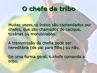 O chefe da triboO chefe da tribo
Muitas vezes,os índios são comandados porMuitas vezes,os índios são comandados por
chefes, que são chamados de cacique,chefes, que são chamados de cacique,
tuxánas ou morubixabas.tuxánas ou morubixabas.
A transmissão da chefia pode serA transmissão da chefia pode ser
hereditária (de pai para filho) ou não.hereditária (de pai para filho) ou não.
De uma forma geral, o chefe comanda aDe uma forma geral, o chefe comanda a
tribo.tribo.
 