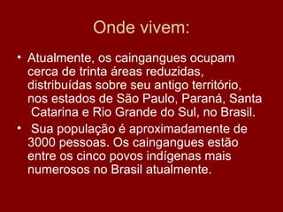 Onde vivem:
• Atualmente, os caingangues ocupam
cerca de trinta áreas reduzidas,
distribuídas sobre seu antigo território,
nos estados de São Paulo, Paraná, Santa
Catarina e Rio Grande do Sul, no Brasil.
• Sua população é aproximadamente de
3000 pessoas. Os caingangues estão
entre os cinco povos indígenas mais
numerosos no Brasil atualmente.
 