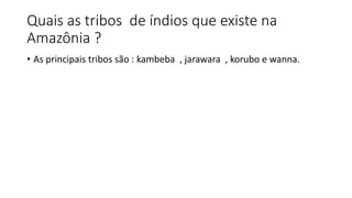 Quais as tribos de índios que existe na
Amazônia ?
• As principais tribos são : kambeba , jarawara , korubo e wanna.
 