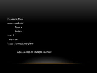 Professora: Thais
Alunas: Ana Luíza
Barbara
Luciana
turma:61
Serie:6° ano
Escola :Francisco Andrighetto
Lugar especial ,de educação essencial!!
 
