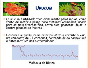  O urucum é utilizado tradicionalmente pelos índios, como
fonte de matéria prima para tinturas vermelhas, usada
para os mais diversos fins, entre eles, protetor solar e
contra picadas de insetos
 Urucum que possui como principal ativo o corante bixina,
um composto de 24 carbonos, contendo ácido carboxílico
e éster metílico nas extremidades.
Molécula da Bixina
URUCUM
 