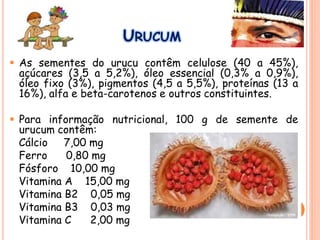  As sementes do urucu contêm celulose (40 a 45%),
açúcares (3,5 a 5,2%), óleo essencial (0,3% a 0,9%),
óleo fixo (3%), pigmentos (4,5 a 5,5%), proteínas (13 a
16%), alfa e beta-carotenos e outros constituintes.
 Para informação nutricional, 100 g de semente de
urucum contêm:
Cálcio 7,00 mg
Ferro 0,80 mg
Fósforo 10,00 mg
Vitamina A 15,00 mg
Vitamina B2 0,05 mg
Vitamina B3 0,03 mg
Vitamina C 2,00 mg
URUCUM
 