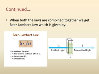 Continued….
• When both the laws are combined together we get
Beer Lambert Law which is given by:
 