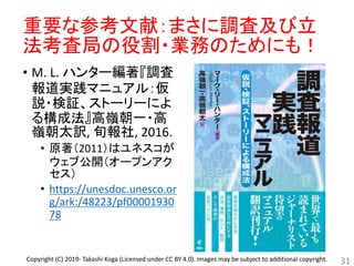 重要な参考文献：まさに調査及び立
法考査局の役割・業務のためにも！
• M. L. ハンター編著『調査
報道実践マニュアル：仮
説・検証、ストーリーによ
る構成法』高嶺朝一・高
嶺朝太訳, 旬報社, 2016.
• 原著（2011）はユネスコが
ウェブ公開（オープンアク
セス）
• https://unesdoc.unesco.or
g/ark:/48223/pf00001930
78
31Copyright (C) 2019- Takashi Koga (Licensed under CC BY 4.0). Images may be subject to additional copyright.
 