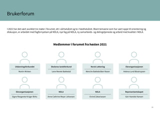 19
I 2021 har det vært avviklet tre møter i forumet, ett i vårhalvåret og to i høsthalvåret. Blant temaene som har vært oppe til orientering og
diskusjon, er arbeidet med fagfornyelsen på NDLA, nye fag på NDLA, ny samarbeids- og delingstjeneste og arbeid med kvalitet i NDLA.
Medlemmer i forumet fra høsten 2021
Elevorganisasjonen
Helena Lund Blostrupsen
Representantskapet
Geir Hareide Hansen
Elevorganisasjonen
Signe Margarete Krüger Birks
Utdanningsforbundet
Martin Minken
NDLA
Anne Cathrine Meyer Johansen
Skolenes landsforbund
Lene Merete Bakkedal
NDLA
Eivind Zakariassen
Norsk Lektorlag
Wenche Bakkebråten Rasen
Brukerforum
 