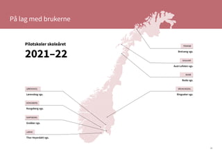 31
Pilotskoler skoleåret
2021–22
På lag med brukerne
Agder 12
Innlandet
Møre og Romsda
Rogaland
Troms og Finnm
Trøndelag
Vestfold og Telem
Vestland
Viken 16
Breivang vgs.
Aust-Lofoten vgs.
Bodø vgs.
Ringsaker vgs.
Lørenskog vgs.
Kongsberg vgs.
Greåker vgs.
Thor Heyerdahl vgs.
TROMSØ
SVOLVÆR
BODØ
BRUMUNDDAL
LØRENSKOG
KONGSBERG
SARPSBORG
LARVIK
 