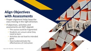 • Proper alignment helps keep the
class moving in the right direction.
• If objectives, activities and
assessments are NOT aligned:
• The course could be fragmented
• Students are unsure what they
need to learn
• Activities do not lead to intended
goals
• Over/underestimate the
effectiveness of instruction
Align Objectives
with Assessments
Image Credit: Wokandapix: – Retrieved from Pixabay 10
 