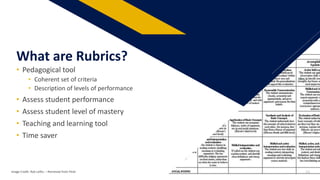 • Pedagogical tool
• Coherent set of criteria
• Description of levels of performance
• Assess student performance
• Assess student level of mastery
• Teaching and learning tool
• Time saver
What are Rubrics?
Image Credit: Rob Loftis: – Retrieved from Flickr 13
 
