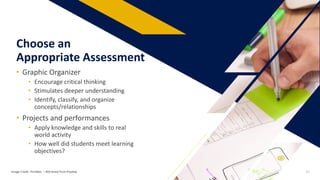 • Graphic Organizer
• Encourage critical thinking
• Stimulates deeper understanding
• Identify, classify, and organize
concepts/relationships
• Projects and performances
• Apply knowledge and skills to real
world activity
• How well did students meet learning
objectives?
Choose an
Appropriate Assessment
Image Credit: FirmBee: – Retrieved from Pixabay 15
 