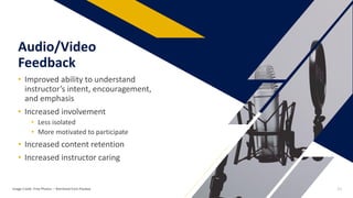 • Improved ability to understand
instructor’s intent, encouragement,
and emphasis
• Increased involvement
• Less isolated
• More motivated to participate
• Increased content retention
• Increased instructor caring
Audio/Video
Feedback
Image Credit: Free-Photos: – Retrieved from Pixabay 23
 