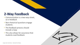 • Communication is a two-way street,
so is feedback
• Non-rhetorical questions engage
students
• The feedback process should
include a loop
• This also allows for assurance that
students read feedback
2-Way Feedback
Image Credit: Gerd Altman: – Retrieved from Pixabay 26
 