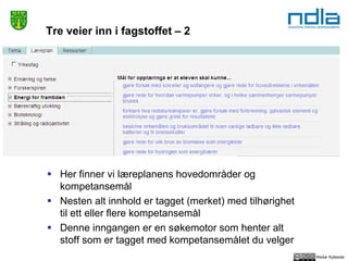 Reidar Kyllesdal
Tre veier inn i fagstoffet – 2
 Her finner vi læreplanens hovedområder og
kompetansemål
 Nesten alt innhold er tagget (merket) med tilhørighet
til ett eller flere kompetansemål
 Denne inngangen er en søkemotor som henter alt
stoff som er tagget med kompetansemålet du velger
 